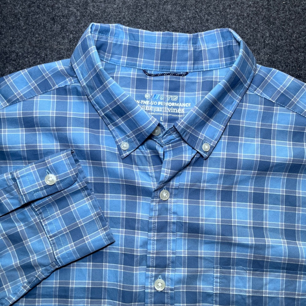 Vineyard Vines Button Down Mens Large Blue Excellent OTG Performance Plaid Shirt